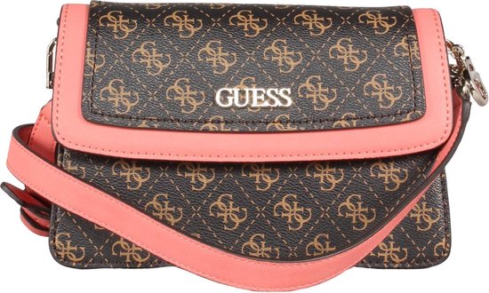 Guess, Camy, Synthetic Leather, 4G Logo, Textile Crossbody Bag, Coral/Brown, For Women